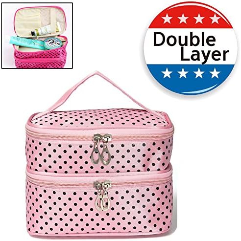 Hongsmarket Lady's colorful 2 layer mini makeup pouch with mirror, Cosmetic Bag Portable Makeup Pouch cosmetic pouch for Women Girls (Light Pink)