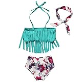 Baby Girls 3 Pcs Swimwear Tassels Halter Top+Floral Bottom+Headband Swimsuit (1-2T, Cyan)