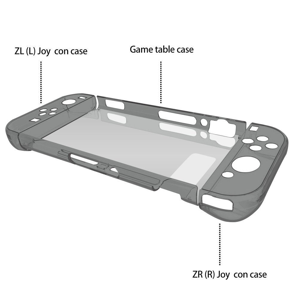 Vorida Case Compatible for Nintendo Switch, Crystal Case Hard Back Clear Cover Anti-Scratch & Shock-Absorption 9H Tempered Glass Screen Protector + Joy Con Grip Caps (Grey)