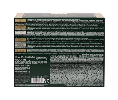 AHMAD TEA BLACK TEA, CLASSIC SELECTION PACK TEABAGS, 60 FOIL TEABAGS – CAFFEINATED, DECAFFEINATED, & SUGAR-FREE