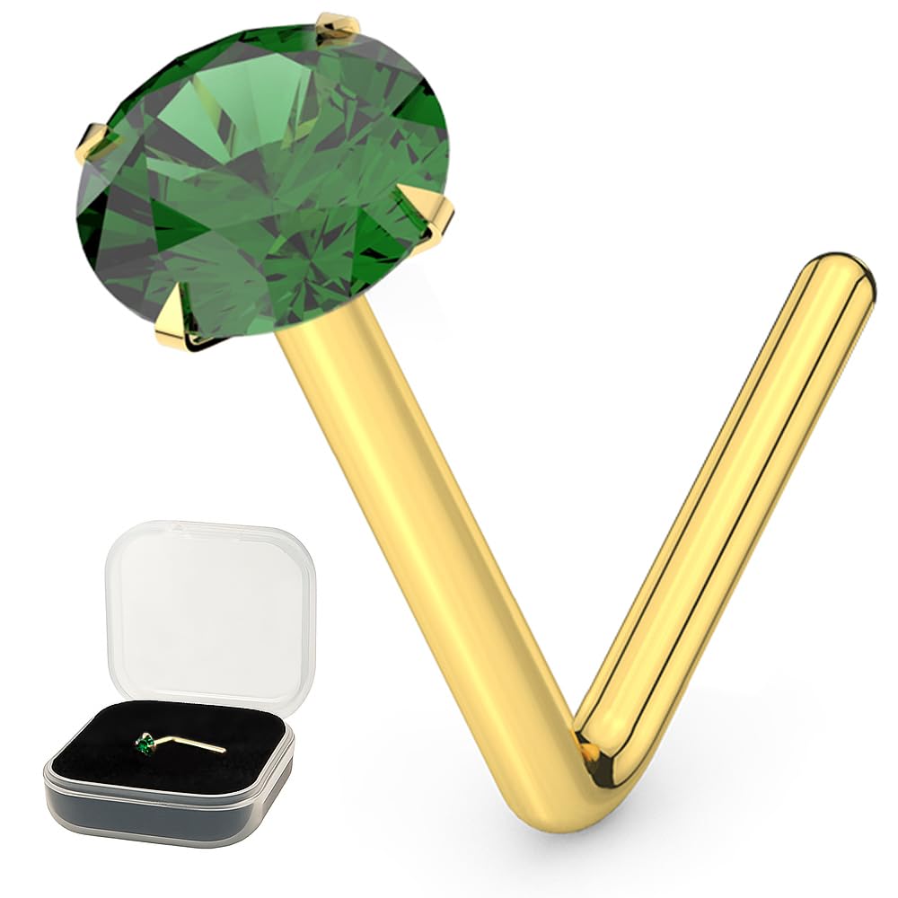 AZARIO LONDON 9K Solid Yellow Gold Claw Set Emerald Crystal Stone 22 Gauge L Shape Nose Stud Piercing Jewellery
