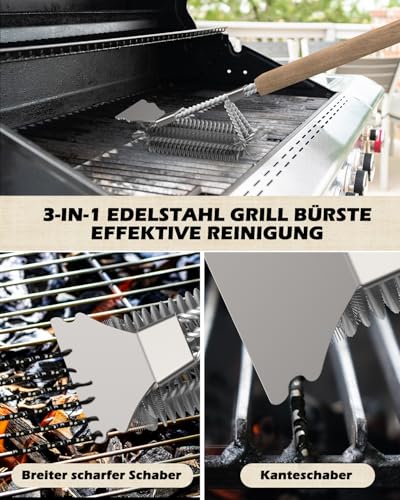 HAZENS Grill Brush with Wooden Handle, Cleaning Brush, Stainless Steel Scraper, Dense Stainless Steel Bristles, 39 cm Extra Long Wooden Handle, for Gas Grill, Charcoal Grill, Kettle Grill, Electric