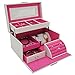 4Queens Girls Jewelry Box White Leather with Makeup Mirror Watch Display Organizer Storage Case Lockable