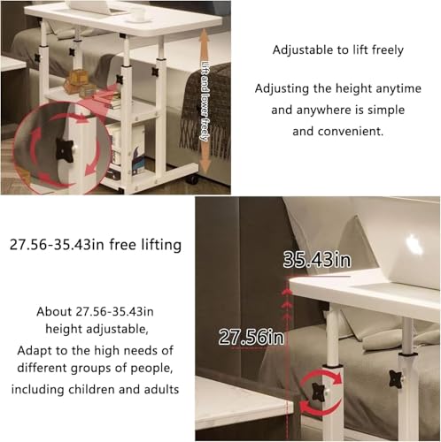 Home Office Desk, Height Adjustable Laptop Table with Shelf, Portable Small Computer Desk with Rolling Wheel, Modern Side Table for Work Study Reading,Stable and Durable, 80 * 40 * 60-90cm.