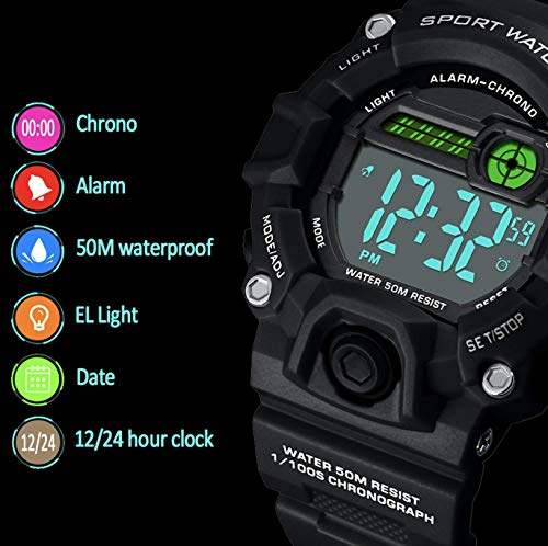 Venhoo Digital Kids Watches Outdoor Sport Waterproof Electronic LED Alarm Stopwatch Luminous Wrist Watch for Kids Boys Girls-Black