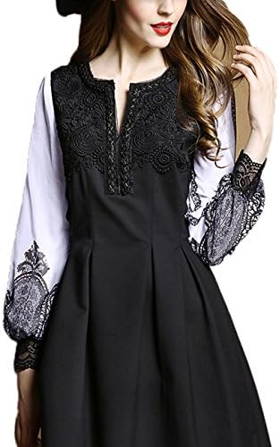 Chuangmei Women Court Palace Party Dress Lantern Sleeve Lace Embroidery Slim Dresses