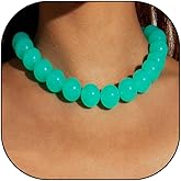 Hewill Colorful Chunky Beaded Necklace for Women Blue Green Pink Red Beads Choker Necklaces Acrylic Bead Statement Necklace Trendy Handmade Jewelry