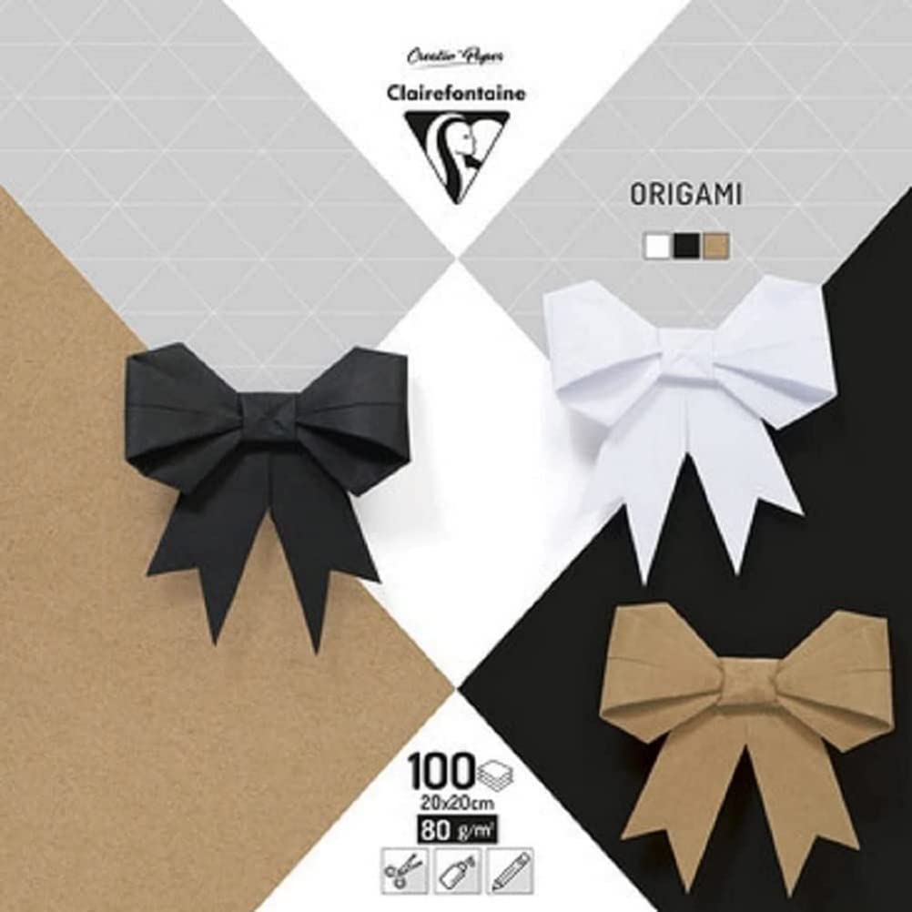 Clairefontaine 95006C Pack of 100 Sheets of Origami Paper 80g/m² Format 20x20 cm Colour Paper Smooth Mass Dyed Creative Leisure Neutral Ast Black White Kraft