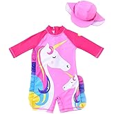 Baby Girl One Piece Swimsuit Sunsuit Long Sleeve Swimwear Rash Guard Toddler Kid Unicorn Bathing Suit Zip with Hat 1-7t