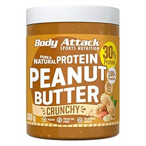 Body Attack Protein Peanut Butter, 1kg, Crunchy, Vegan, Natürliche Erdnussbutter ohne Salz & Palmfett – Low Sugar…
