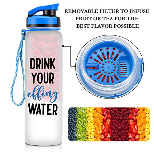 LEADO 32oz 1Liter Motivational Tracking Water Bottle with Time Marker - Drink Your Effing Water - Funny Birthday Gifts for Women, Men, Best Friends, Coworkers, Mom, Dad, Her, Him - Drink More Water