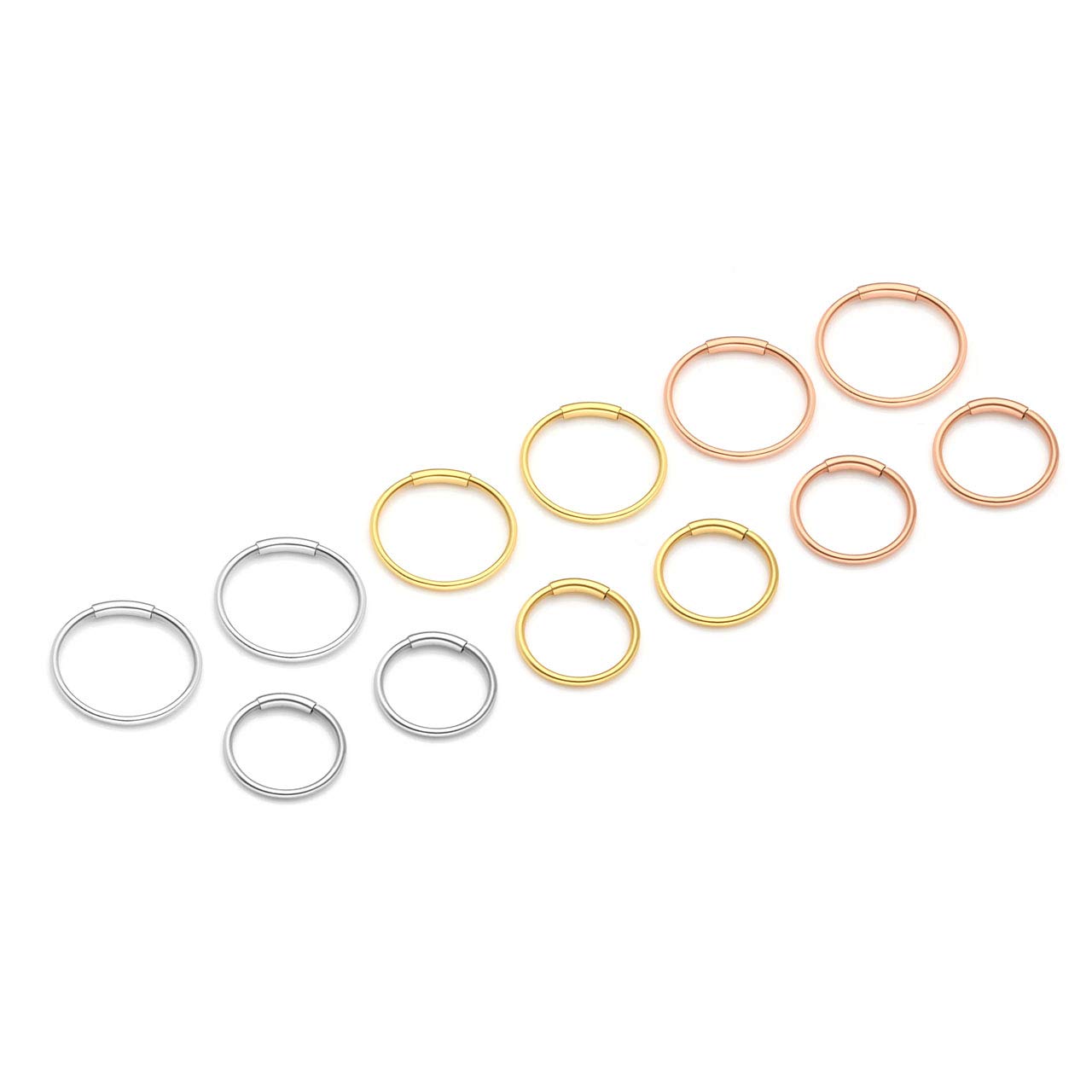 PiercingJak 12pcs Stainless Steel 20G Mixed 8mm 10mm Hinged Clicker Seamless Nose Hoop Rings for Nose Ear Helix Cartilage Tragus Daith Septum Eyebrow Lip Body Piercing Jewelry