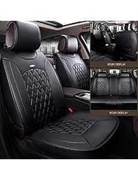 Skysep Juego completo negro Ajuste universal 5 Asientos Coche Rodeado Color sólido Fundas de asiento de coche de cuero a prueba de agua Protector Cojines de asiento de automóvil extraíbles y ajustables con 2 Almohadas de cintura 2 Almohadillas de reposaca