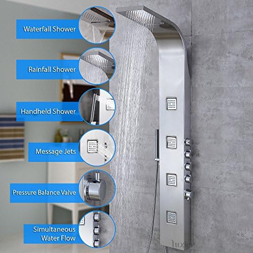 Luxier SP25-SS 59" Stainless Steel Rainfall Waterfall Shower Panel Rain Massage Tower System Pressure-balanced Faucet with Jets