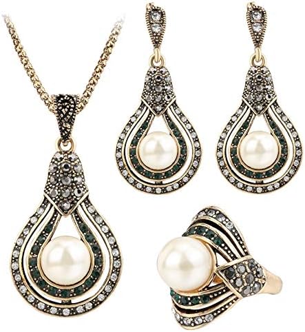 Capris 3Pcs Vintage Jewelry Sets, Antique Gold Plated Pearl Earrings Necklace Ring Wedding Party Female Turkish Jewelry