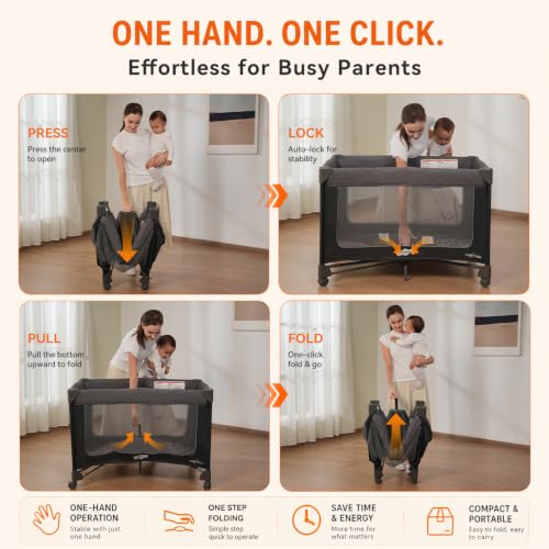 Pamo Babe Magic Fold Pack and Play with Bassinet 1 Step Set Foldable Playards Baby Playard with Changing Table Portable Playpen with Zip Door