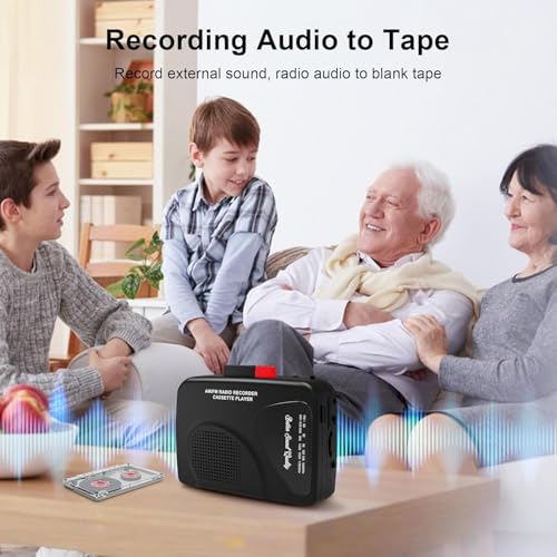 Reproductor de casete portátil y grabador de casete con radio AM/FM, altavoz integrado, conector para auriculares y clip para cinturón (negro)