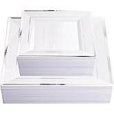 Liacere 100PCS White and Silver Square Plastic Plates - 50PCS Heavy Duty 9.5inch White Dinner Plate and 50PCS 6inch Dessert Plates-Silver Disposable Plate for Party＆Wedding＆New Year&Chrismas