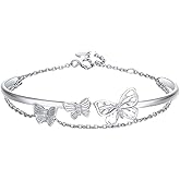 Silver Butterfly Bracelets for Women - Adjustable Layered Dainty Link