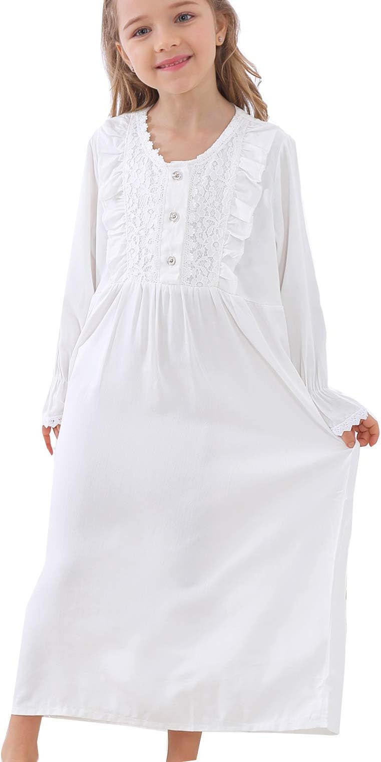 Girls Lovely Lace Nightgowns Long Sleeve Cotton Sleepwear Toddler 3-10 Years