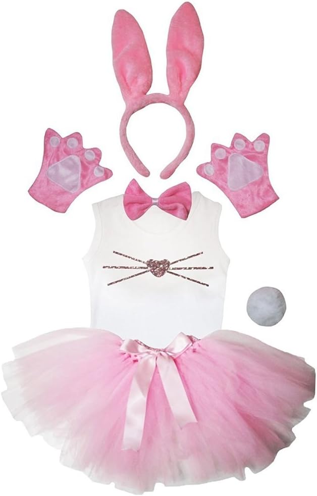 Petitebelle Headband Bowtie Tail Gloves Shirt Skirt 6pc Girl Costume 1-8y (Pink Bunny Nose, 3-4 Yr)