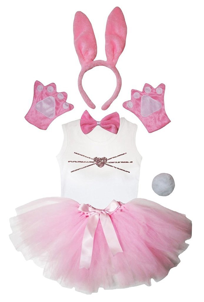 Petitebelle Headband Bowtie Tail Gloves Shirt Skirt 6pc Girl Costume 1-8y (Pink Bunny Nose, 3-4 Yr)