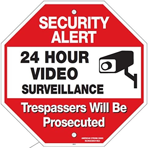 Video Surveillance Sign - REFLECTIVE - CCTV Security Alert - 24 Hour Surveillance No Trespassing "POLICE RED"- LARGE 12" X 12" Octagon Rust Free 0.40 Aluminum Sign