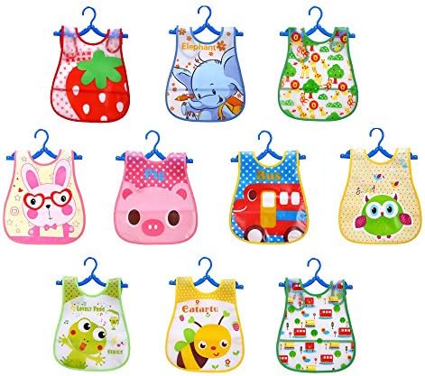 Waterproof Baby Bibs - 10 Pack - Reversible Pocket - Velcro Closure - PEVA