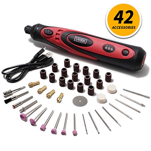 Cordless Rotary Tool, Utool 3.6V Li-ion Rotary Tool with 42 Accessories, USB Charging Cable and 3 Variable Speed of 5000~15000rpm for Delicate & Light DIY Small Projects, Red