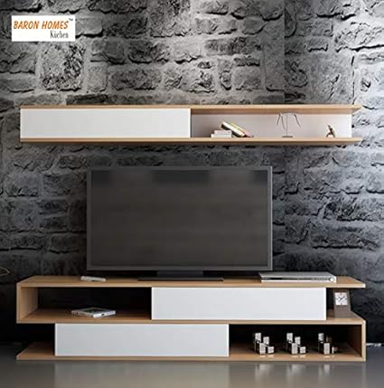 HEERA MOTI INTERIORS HMI TV Stand and Long Wall Shelf Set (Standard Size, White and Beige)