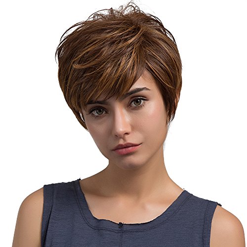 ICE cream Short Wigs with 100% Brazilian Hair (DARK BROWN, Side Swept Bangs) – Pixie Cut Wigs for White Women – Human Hair Wigs Caucasian Wigs – Short Straight Wig Beauty Personal Care (Brown)