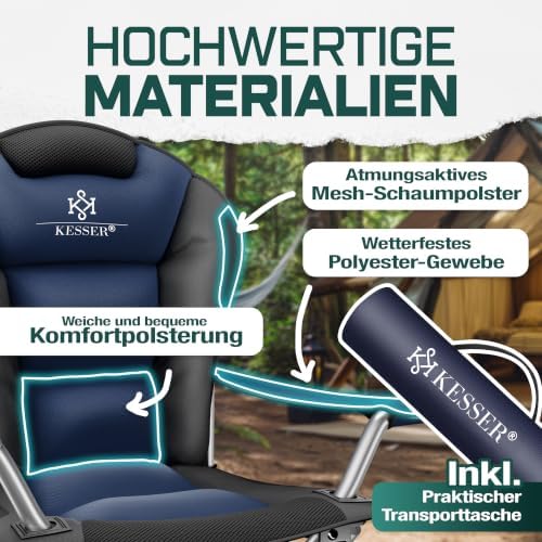 ® Sedia da Campeggio fino a 150 kg con Braccioli, Schienale Alto, Imbottita, Luce da Campeggio e Portabicchieri + Borsa, Pieghevole e Richiudibile, Blu Navy/Nero