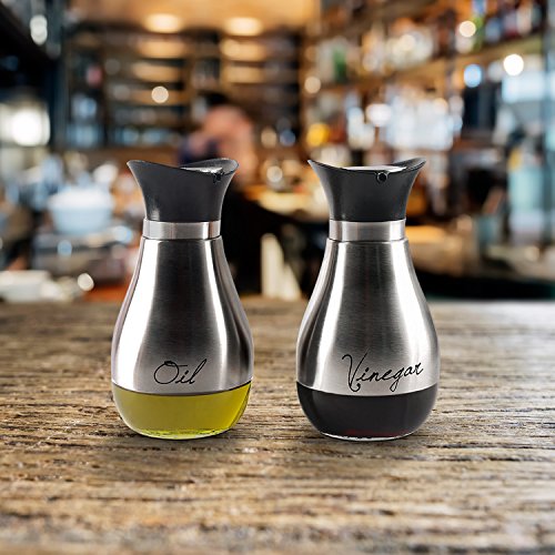 Emenest Oil and Vinegar Cruet Dispensers, Set of 2 Silver and Glass Bottles with Lid and Non-drip Spout - 13.6 Oz, Modern Decorative Condiments Storage - Thumbnail 4