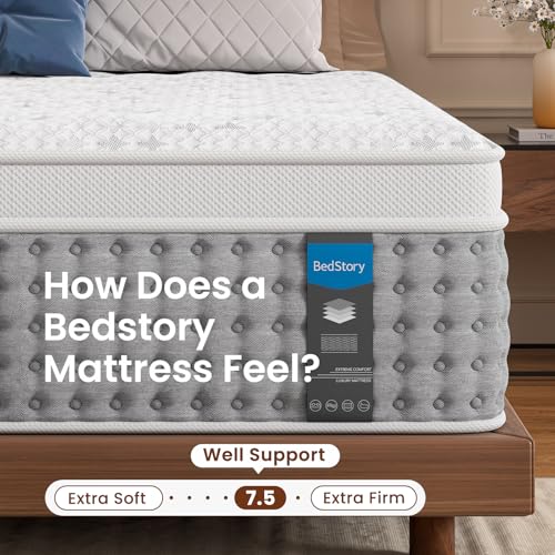 BedStory King Mattress Medium Firm, 12 Inch Hybrid Matelas with Individual Coils, Mattress in a Box for Extra Lumbar Support ＆ Motion-isolation, Fiberglass-Free, CertiPUR-US Certified, 365-Night Trial