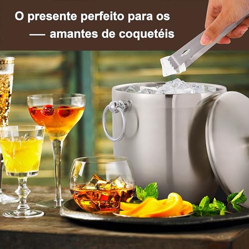 Balde De Gelo Isolado De Aço Inoxidável De 3 Litros Com Tampa, Colher, Pinça E Coador