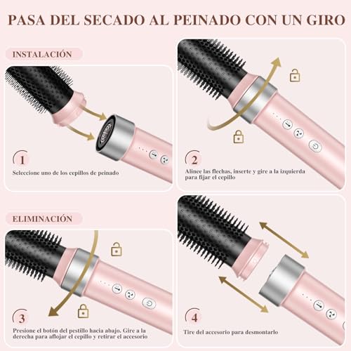 Secadora de Cabello 6 En 1 Profesional, 150,000 RPM Cepillo Secador de Cabello, Temperatura Ajustable Y Velocidades, Estilizador de Cabello con 6 Accesorios para Secado, Rizado, Alisado Y Voluminizar