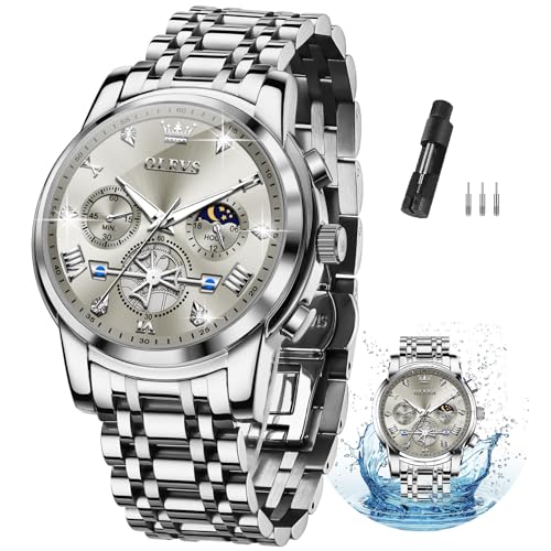 OLEVS Men Silver Watches,Men's Stainless Steel Chronograph Watch,Man Analog Quartz Big Face Male Watches Luxury Waterproof Roman Numeral Dress Diamond Relojes para Hombre