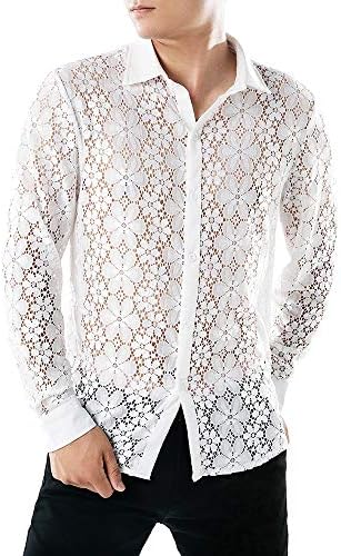 TUDUZ ShirtTUDUZ New Men's Autumn Casual Lace Shirts Breathable Full Lace Party Nightclub Hollow Long Sleeve Formal Shirt Top Blouse