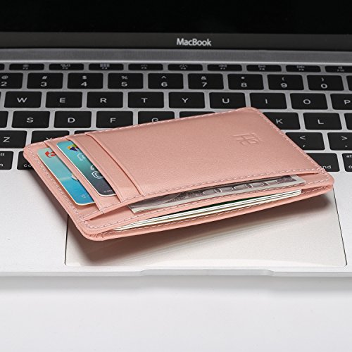 Slim RFID Blocking Card Holder Leather Front Pocket Wallet for Women, Rose Gold
