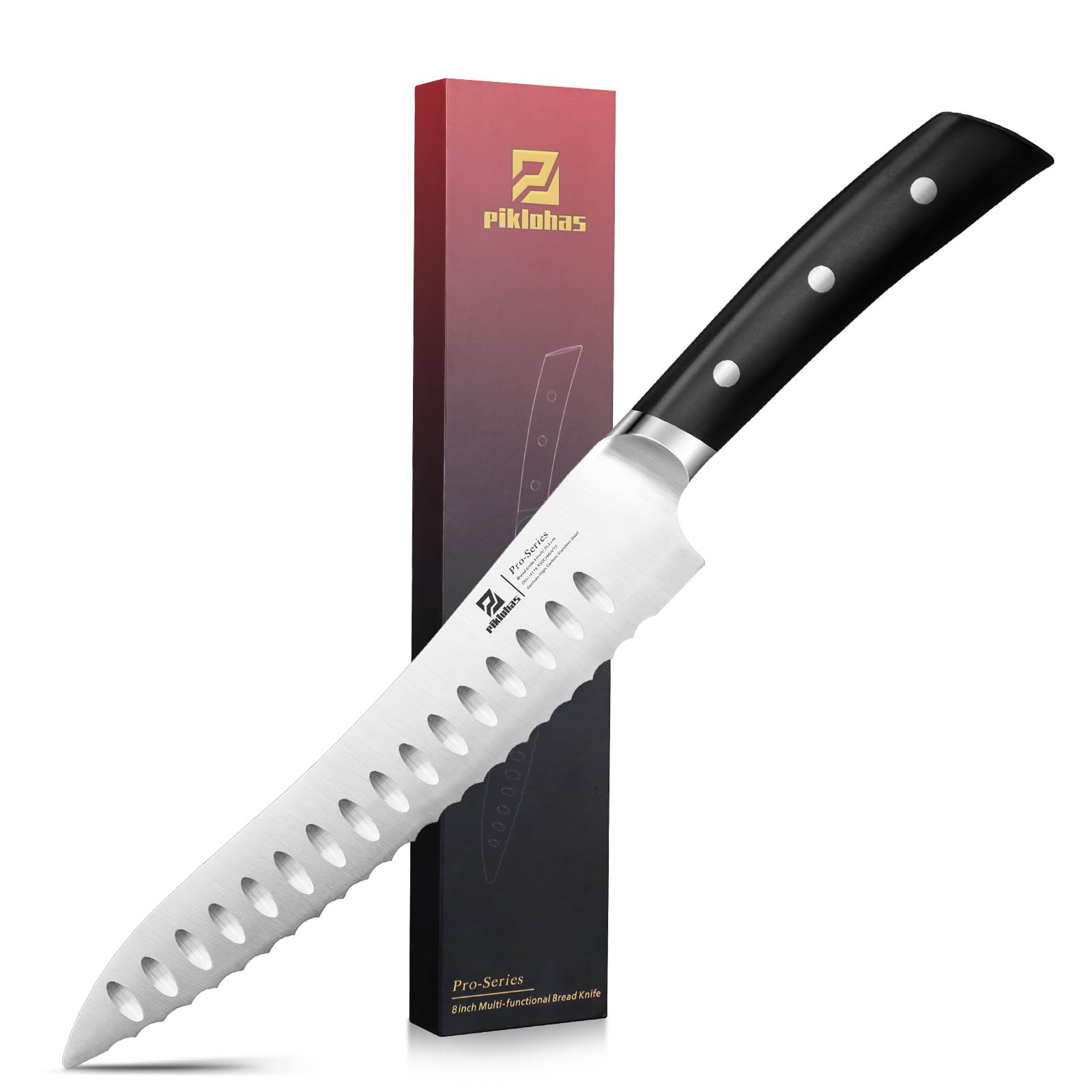 Photo 1 of Piklohas Resharpenable Bread Knife, 8 Inch Multifunction Serrated Knife, German HC Stainless Steel Bread Cutting Knife with Innovative Wavy Edge for Efficient Slicing, Razor Sharp for Homemade Bread