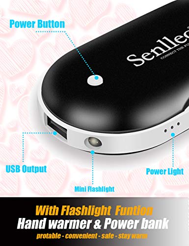 Senlleo Hand Warmer, Rechargeable Hand Warmer : 5200mAh Battery Hand Warmer/Powerbank with Mini Flashlight Function, Double-Sided Warmer Winter Gift for Girl/Man/Woman(Black)