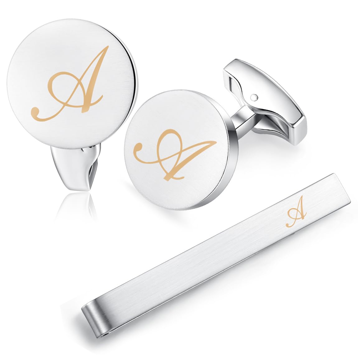 HONEY BEAR Initial Alphabet Letter Cufflinks Tie Clip Set for Mens - Brushed Silver Round for Business Wedding Gift A - Z