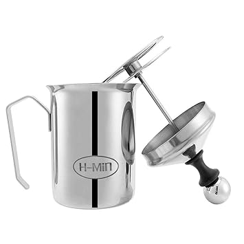 H-Min 500ml Edelstahl Double Mesh Milchaufschäumer Manuell, Mit Kaffee Latte Art Pen, 8 x 8 x 18 cm