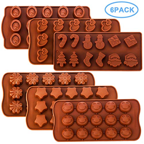 RUCKAE Chocolate Molds-Silicone Candy Molds-6 Pack-Ideal Silicone Molds for Hearts, Stars，Flowers，Emojis, Christmas Themed Shapes