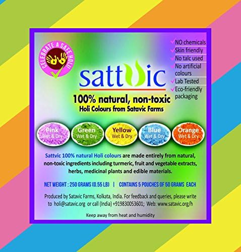 Satavic Farms Natural Herbal Holi Color Powder (Gulal) - 1 Kg / 2.2 Lb Total - 5 Colors - Pink, Yellow, Green, Blue And Orange - In 4 Boxes
