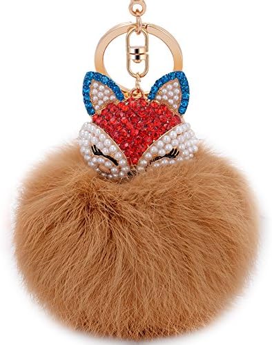 Boseen Genuine Rabbit Fur Ball Pom Pom Keychain with A fashion Alloy Fox Head Studded with Synthetic Diamonds(Rhinestone) for Womens Bag Cellphone Car Charm Pendant Decoration(Coffee)