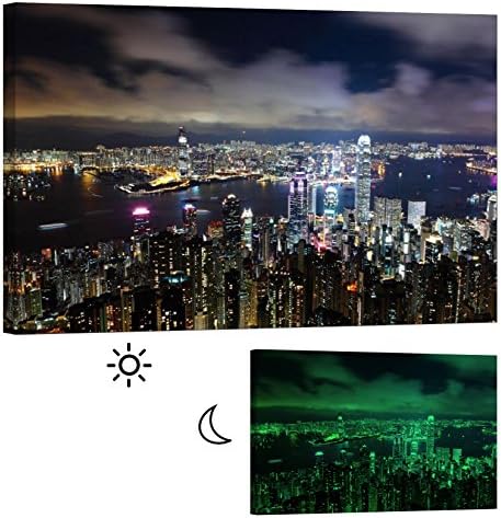 Glow in the Dark Framed Canvas Wall Art Print. No Energy Use - Hong Kong Skyline (36 x 24 inch)