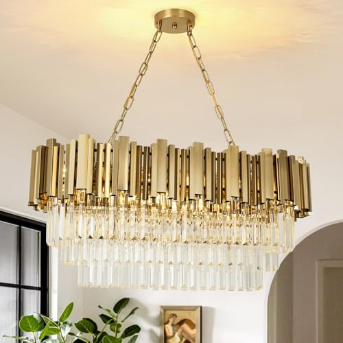 AOOCHOK Modern Gold Crystal Chandelier, Oval Crystal Chandelier, Suitable for Living Room, Dining Room, Bedroom and Restaurant, 80*35cm