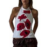 Women Y2k Halter Neck Tank Top Floral Print Backless Cami Top Sleeveless Tie Up Crop Top Summer Streetwear