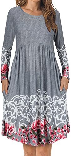 Womens Long Sleeve Floral Printed Pleated Swing Midi Dress Short Sleeve with Pockets